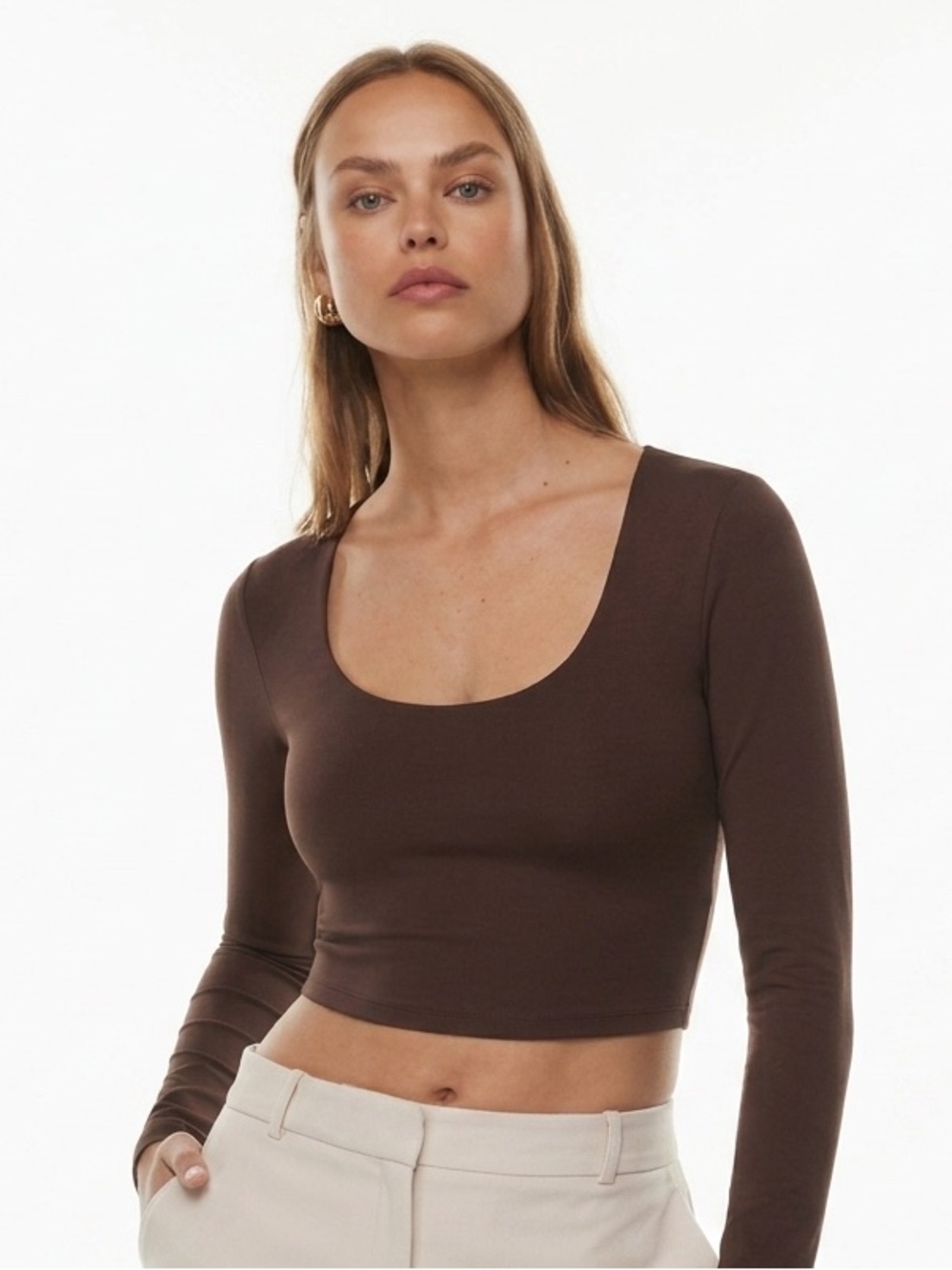 Babaton Contour Scoopneck Long Sleeve Crop Top Brown Size Medium Minimalist Fall